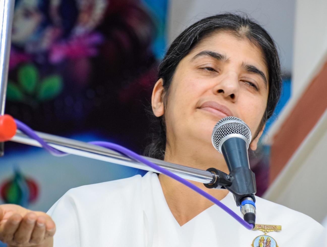 New Delhi, India, October 16 2022 - BK Shivani during meditation session, Shivani Verma, better known as BK Shivani, is a teacher in the Brahma Kumaris spiritual yoga and meditation movement of India photo