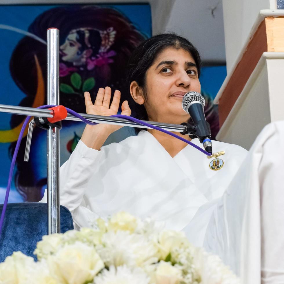 New Delhi, India, October 16 2022 - BK Shivani during meditation session, Shivani Verma, better known as BK Shivani, is a teacher in the Brahma Kumaris spiritual yoga and meditation movement of India photo