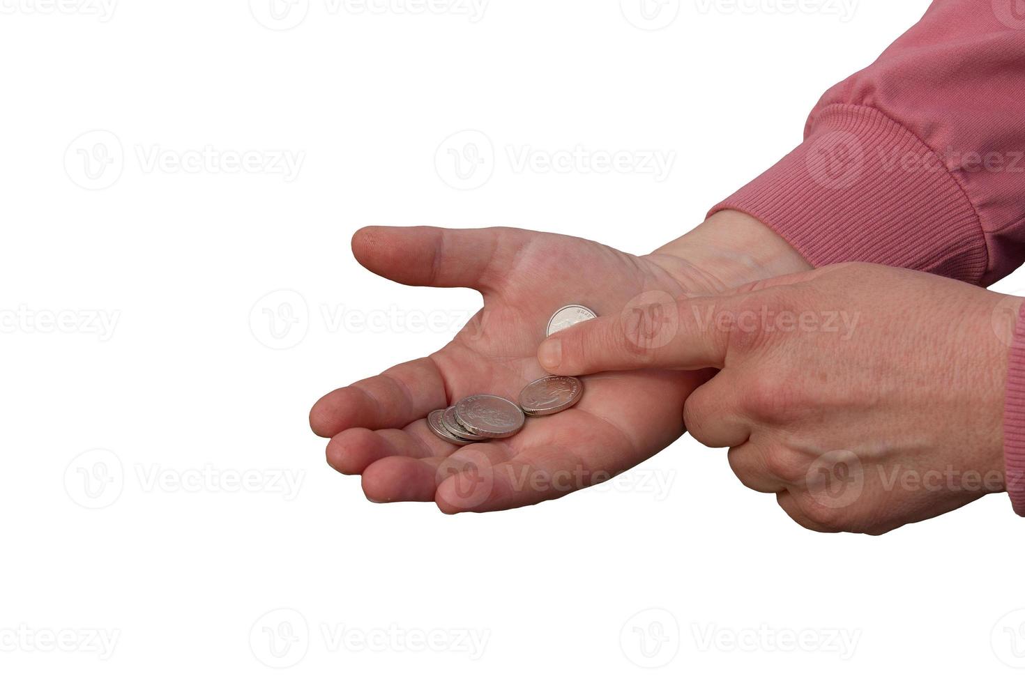 Last money for groceries. Coins in the hand of a middle-aged woman. The concept of the world food crisis associated with the war in Ukraine. Isolated on white background photo