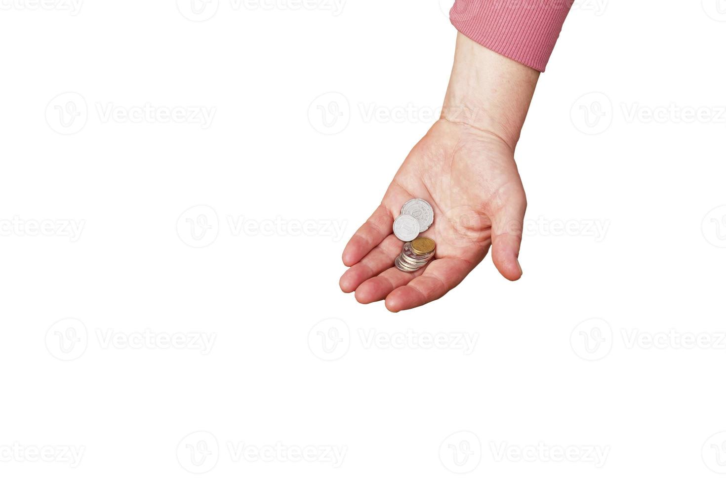 Last money for groceries. Coins in the hand of a middle-aged woman. The concept of the world food crisis associated with the war in Ukraine. Isolated on white background photo