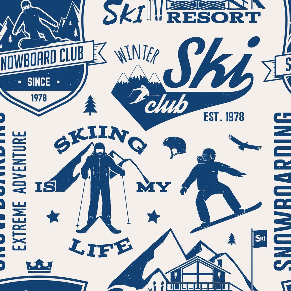 club de esquí y snowboard de patrones sin fisuras. ilustración vectorial vector