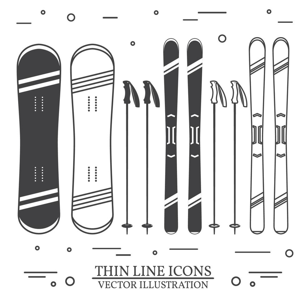 Set of skiing equipment silhouette icons. vector