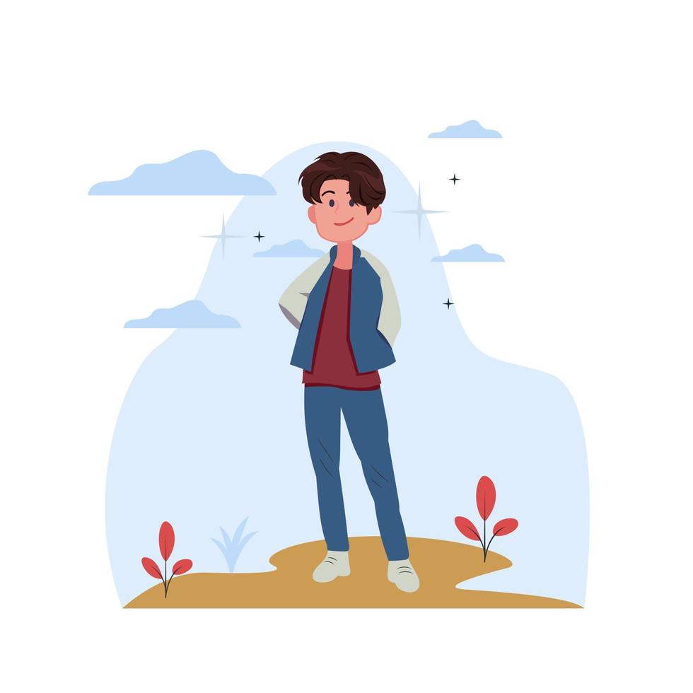 Cheerful young smilling man mood concept. Wearing casual clothes cartoon character standing positive gesture vector illustration. good vibes