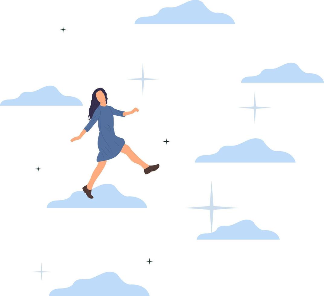 woman freedom walk in the sky vector illustration