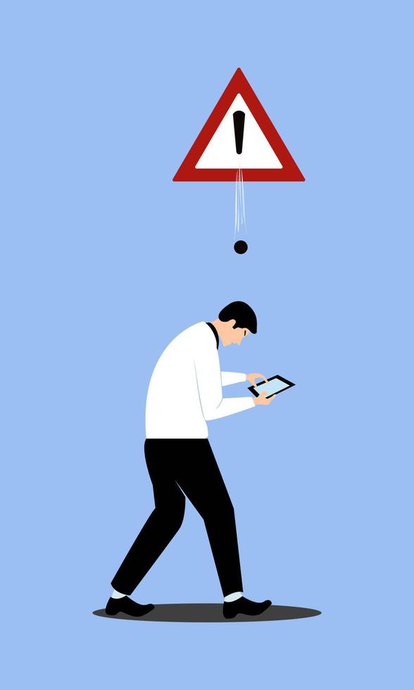 vectors pay attention. illustration of a man too focused on a mobile phone while walking