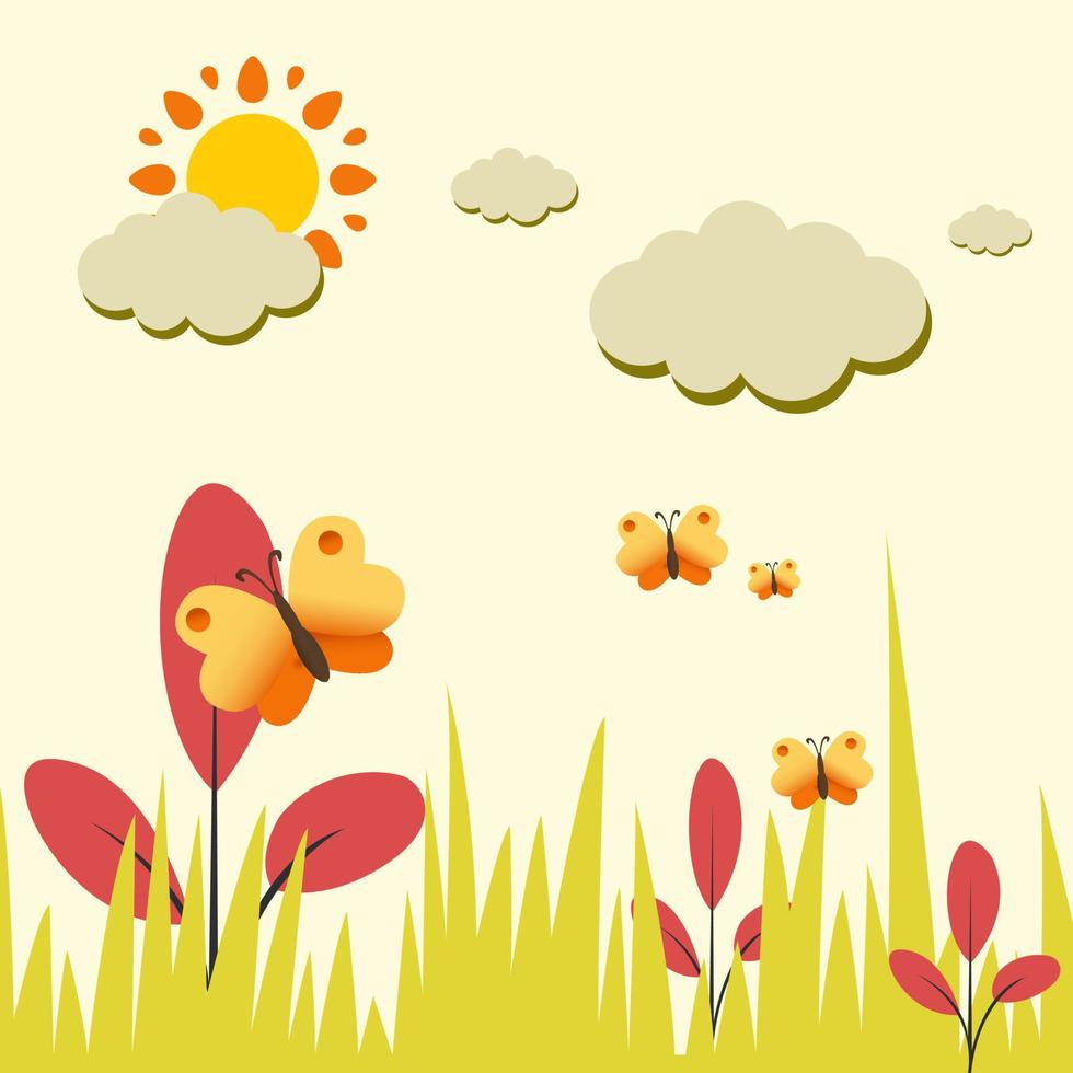 mariposas y sol de verano. Paisaje floral de verano o primavera. ilustración vectorial vector