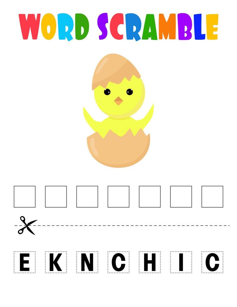 Chicken Word scramble . Educational game for kids. English language spelling worksheet for preschool children. vector