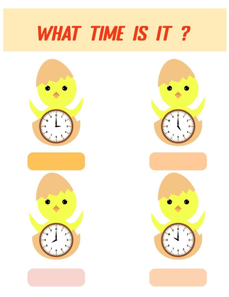 What time is it. Learning time on the clock. Educational activity worksheet for kids and toddlers. Preschool game. Puzzle with clock .   Education Game for Children vector