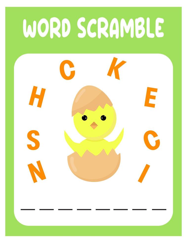 Chicken Word scramble . Educational game for kids. English language spelling worksheet for preschool children. vector