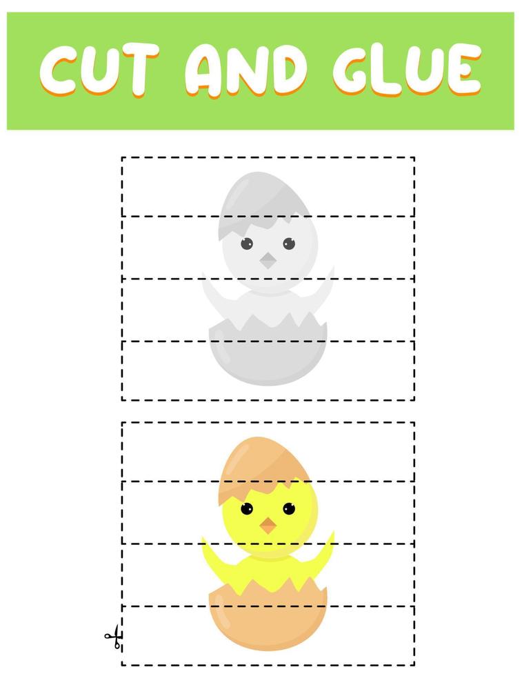 Cut and glue game for kids . Puzzles with chicken. Children funny entertainment and amusement.Vector illustration. Cutting practice for preschoolers vector