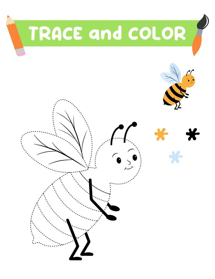 Trace and color the insect. A training sheet for preschool children.Educational tasks for kids.Bee Coloring Book vector