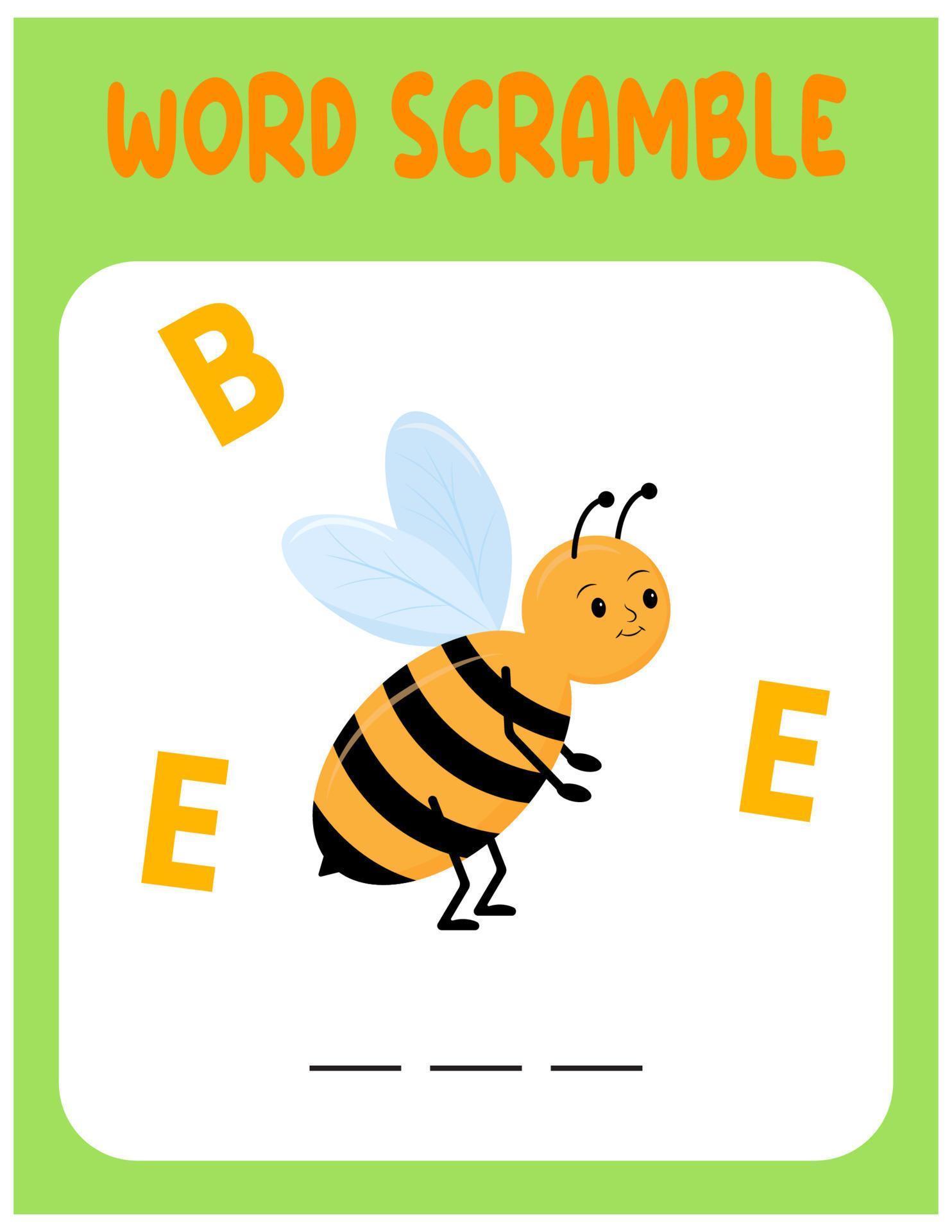 Bee Word scramble . Educational game for kids. English language spelling worksheet for preschool