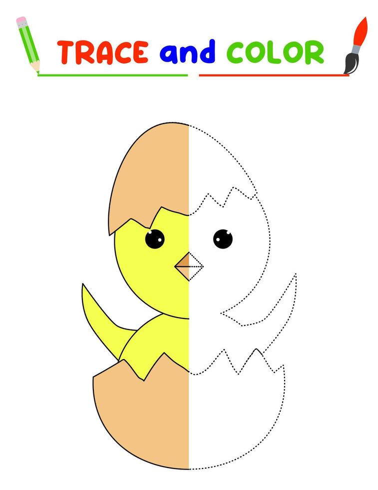 Trace and color the bird. A training sheet for preschool children.Educational tasks for kids.Chicken Coloring Book. vector