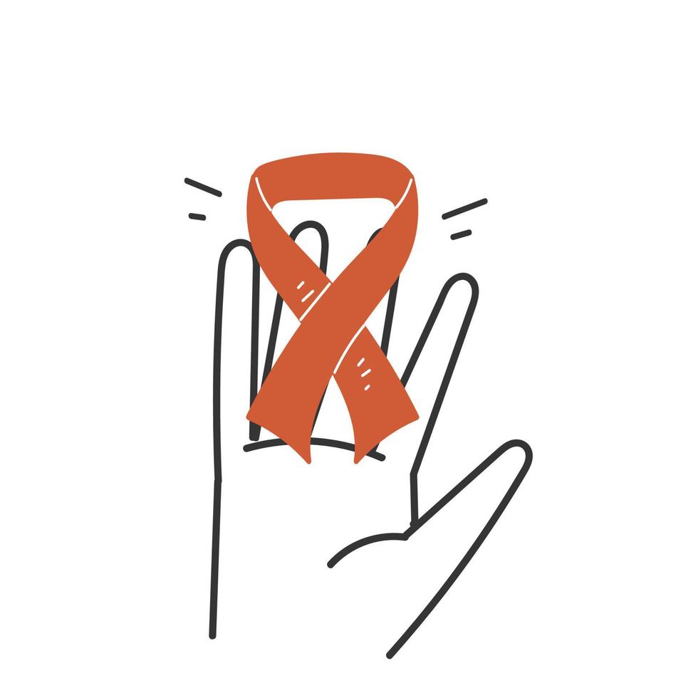 hand drawn doodle hand holding red awareness ribbon illustration vector