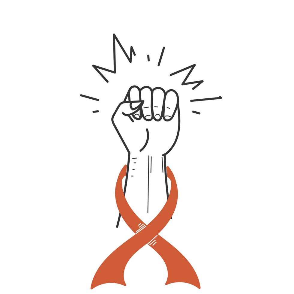 hand drawn doodle fist hand and red awareness ribbon illustration vector