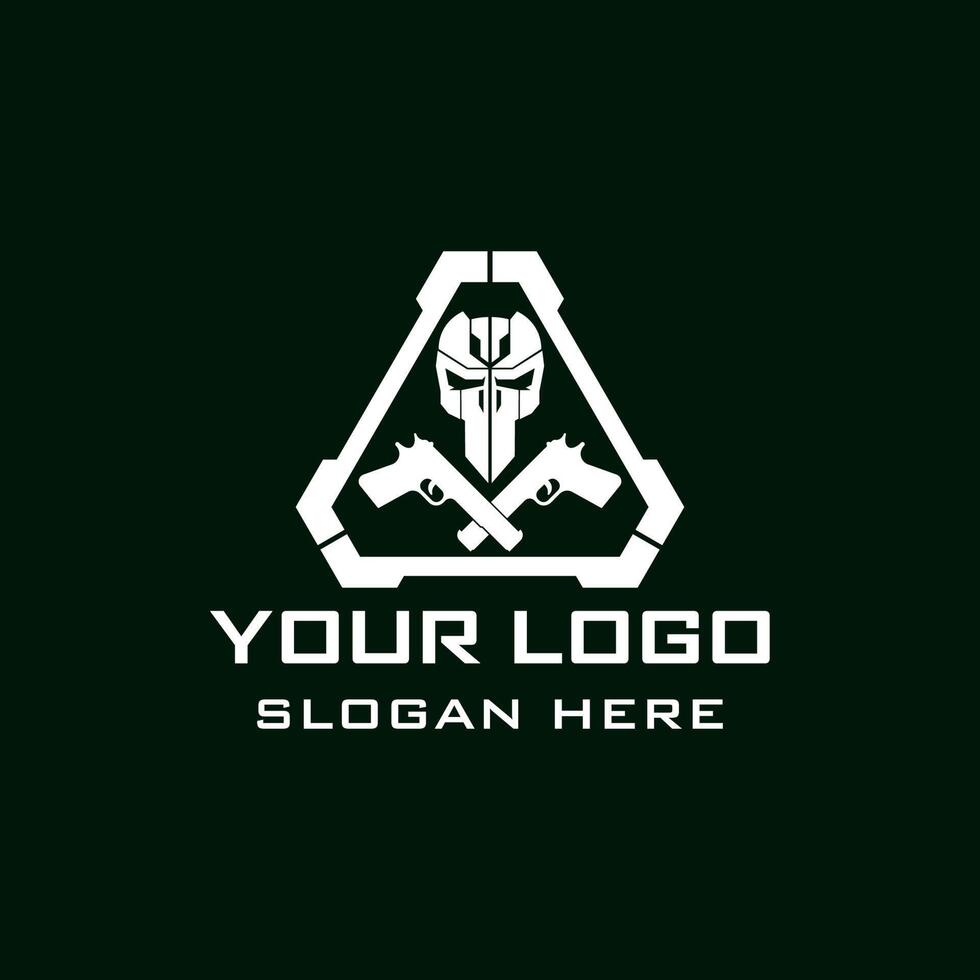 Skull Tactical military armory squadrone team in triangle with gun weapon logo template vector