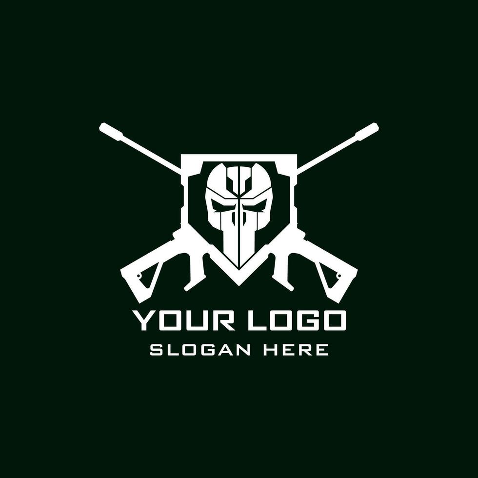 Skull Tactical military armory squadrone team in shield with gun rifle weapon logo template vector