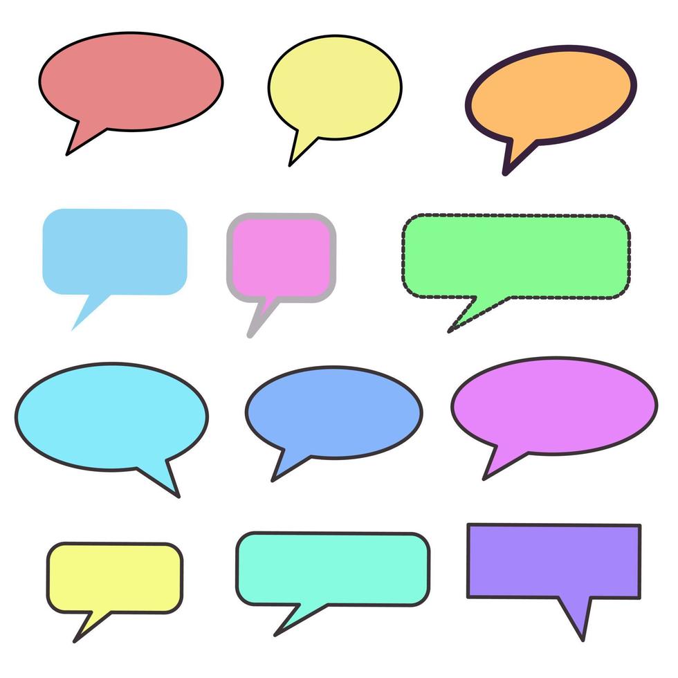 Set different dialog box, frame, speech balloon bubble colorful red violet yellow blue color in black line frame on grey background, Empty blank comment Talk chat speak message, pop art vector