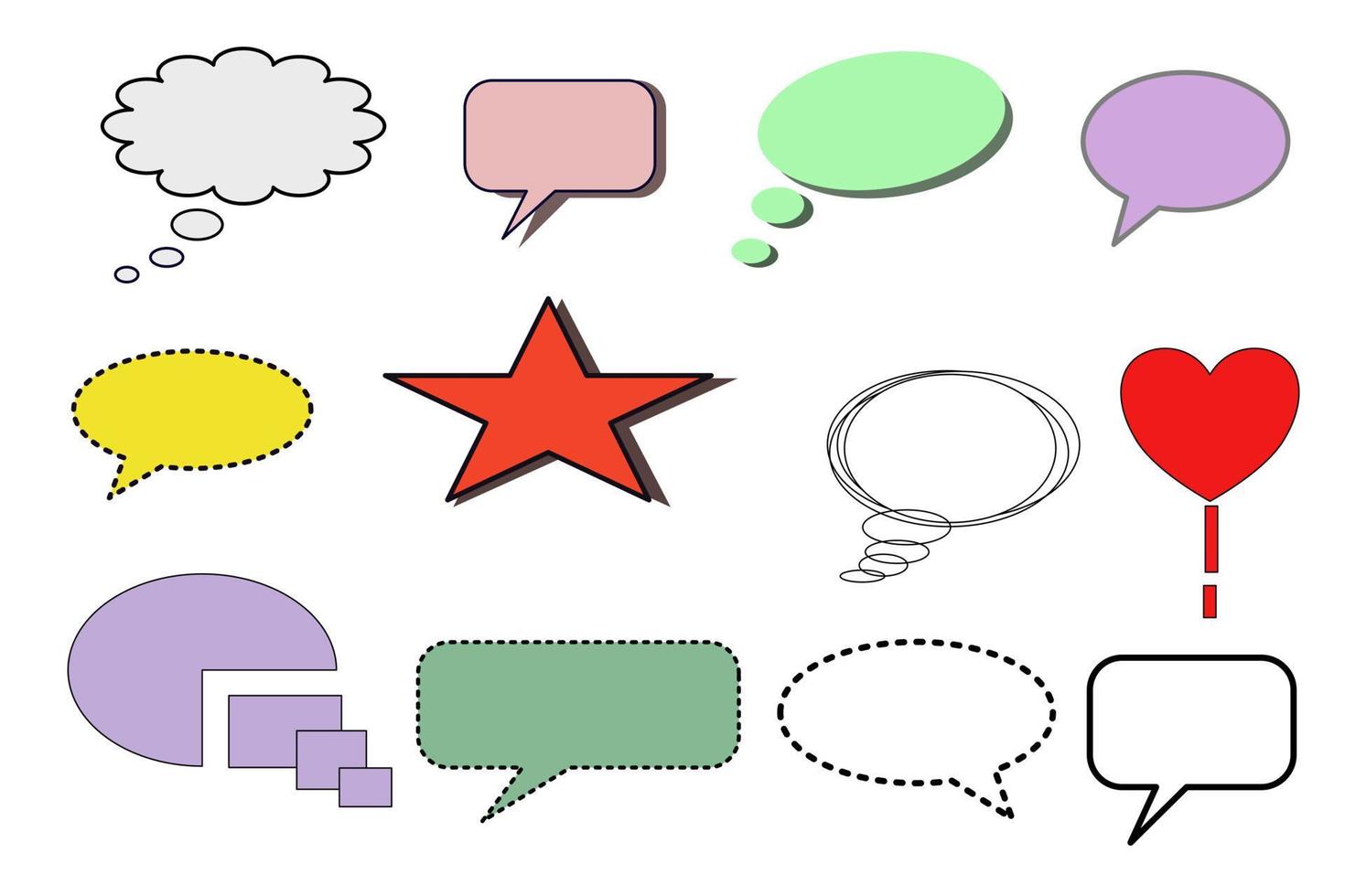 Set different dialog box, frame, speech balloon bubble colorful red violet yellow blue color in black line frame on grey background, Empty blank comment Talk chat speak message, pop art vector