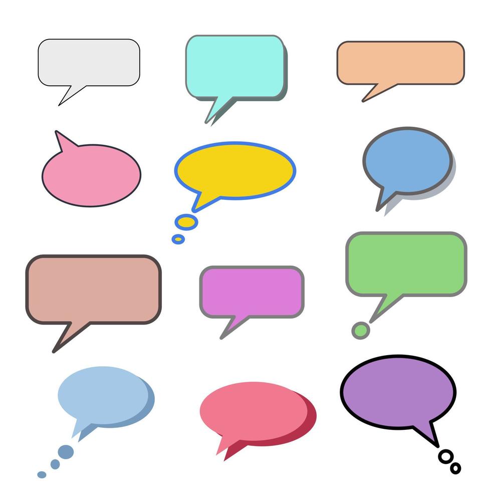 Set different dialog box, frame, speech balloon bubble colorful red violet yellow blue color in black line frame on grey background, Empty blank comment Talk chat speak message, pop art vector