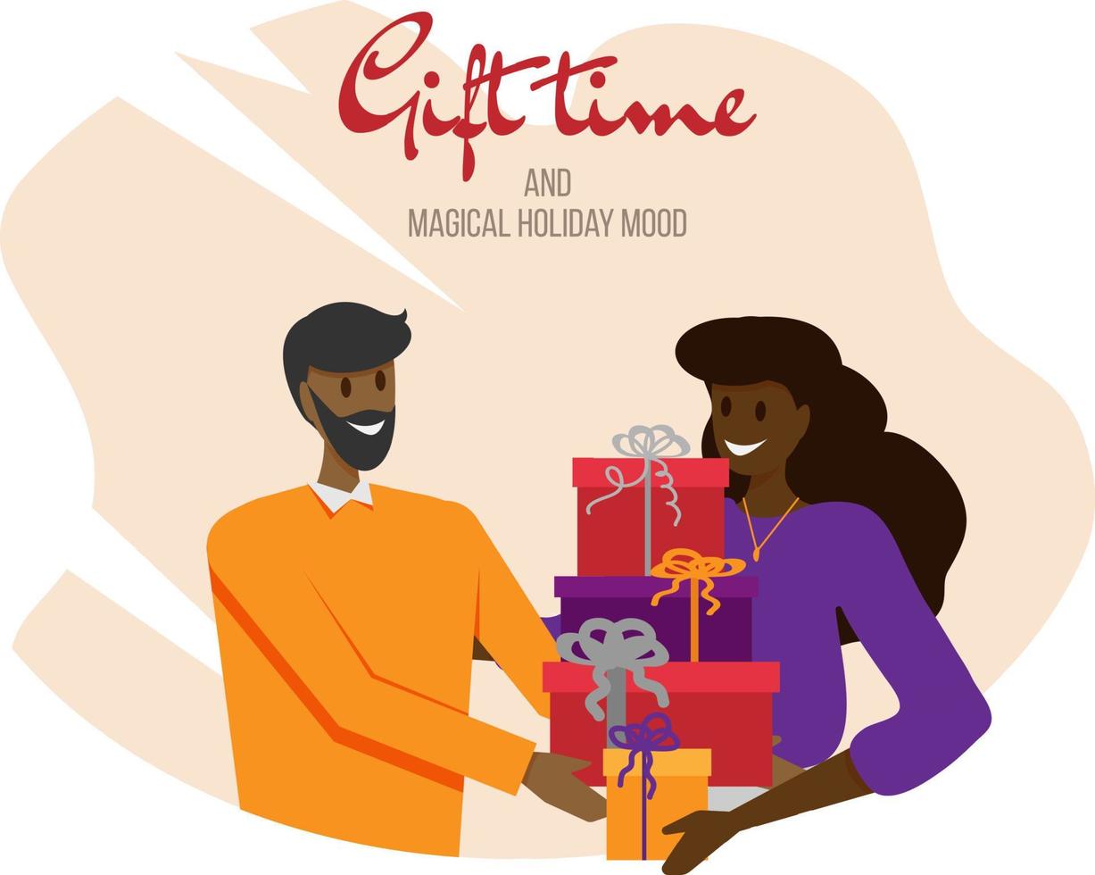 Gift time. African American woman and man exchanging gifts vector