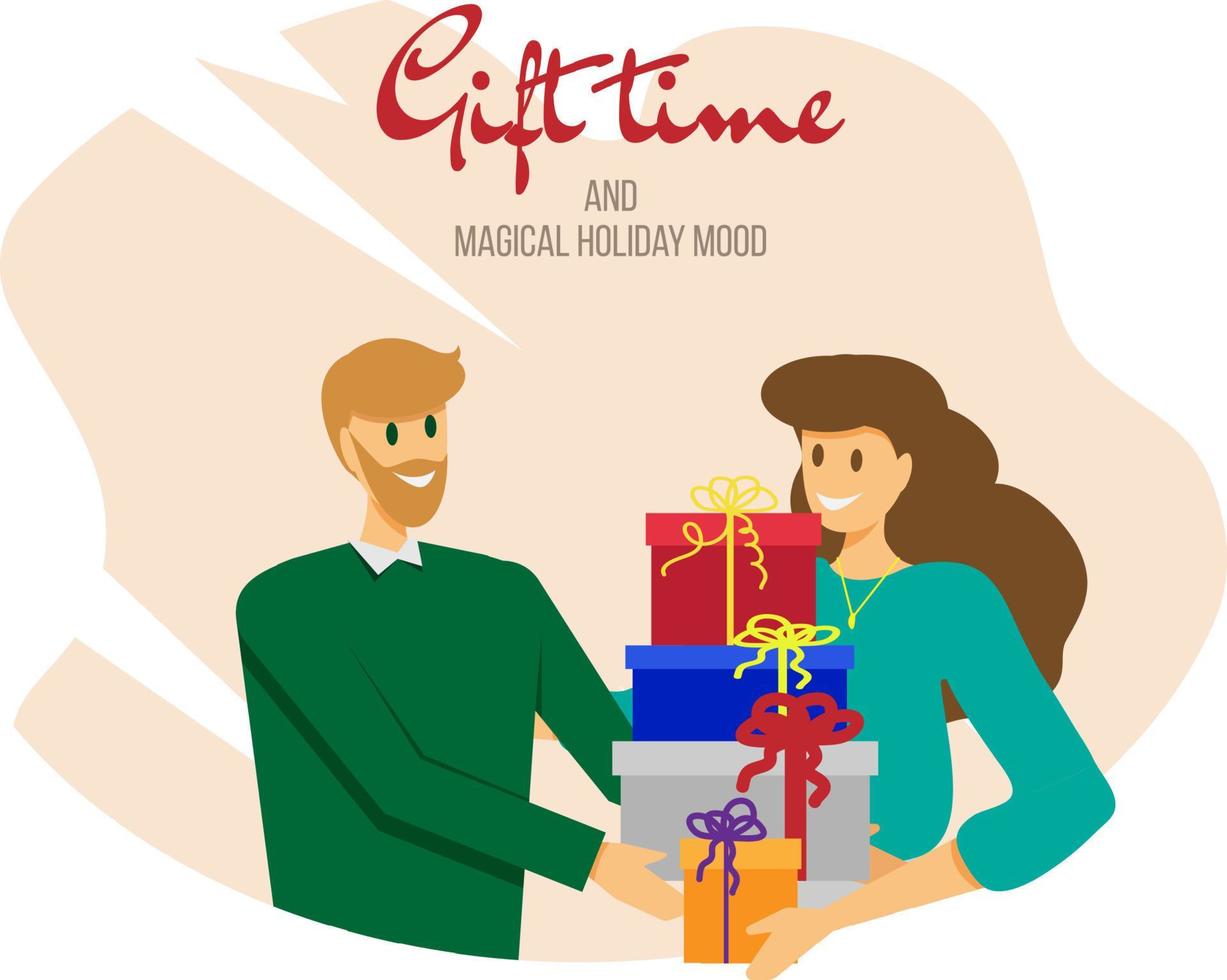 Gift time. Woman and man exchanging gifts vector