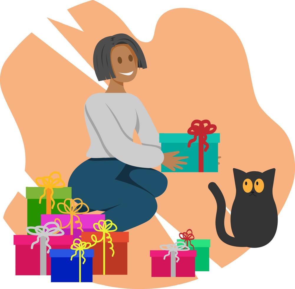 niña de piel oscura ordena regalos con un gato vector
