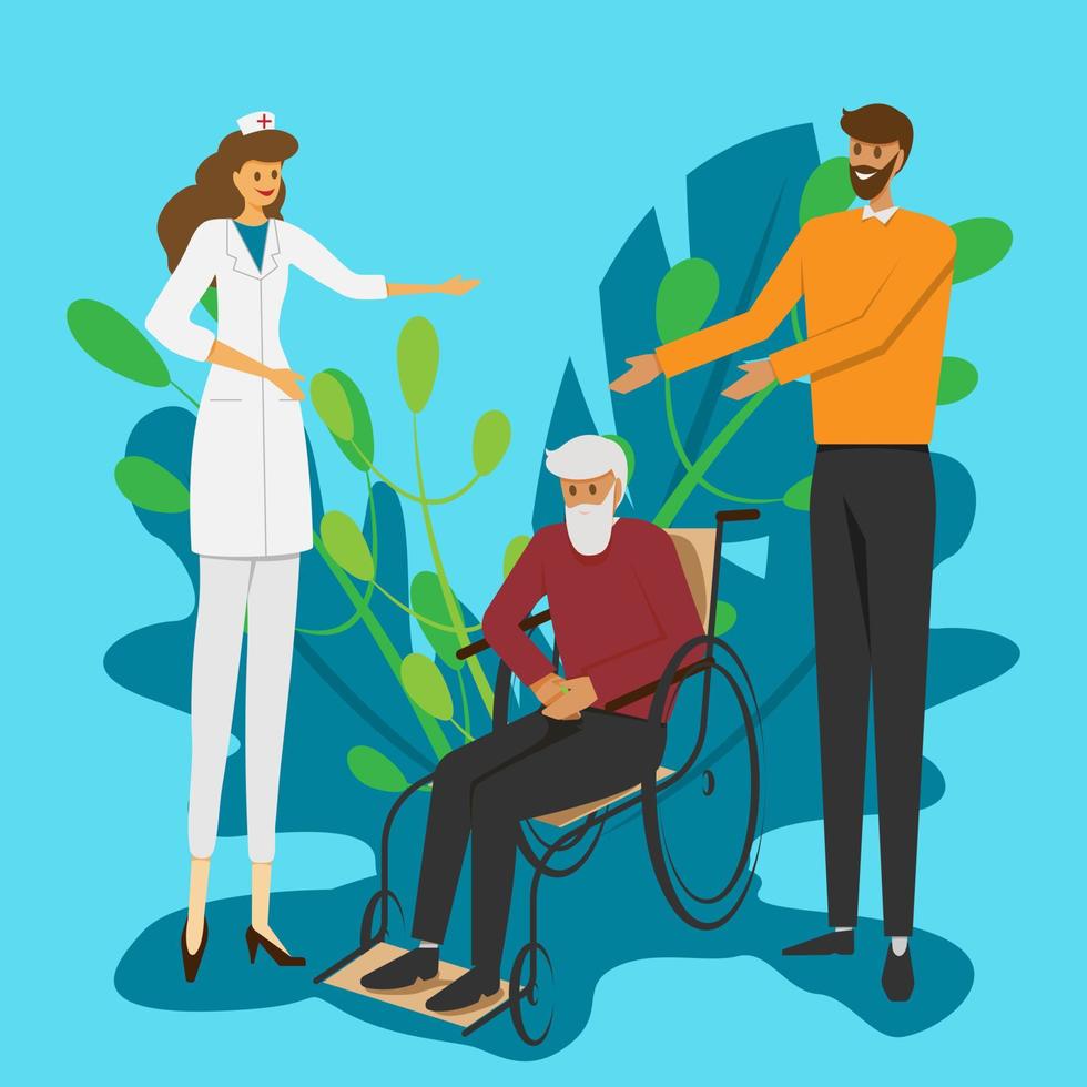 Atención médica a familiares de edad avanzada. el abuelo está en silla de ruedas. vector