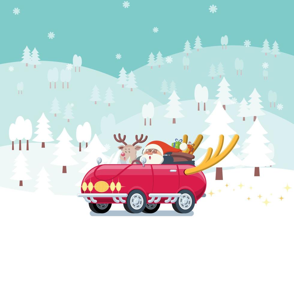 Papá Noel conduciendo un coche en un paisaje nevado vector
