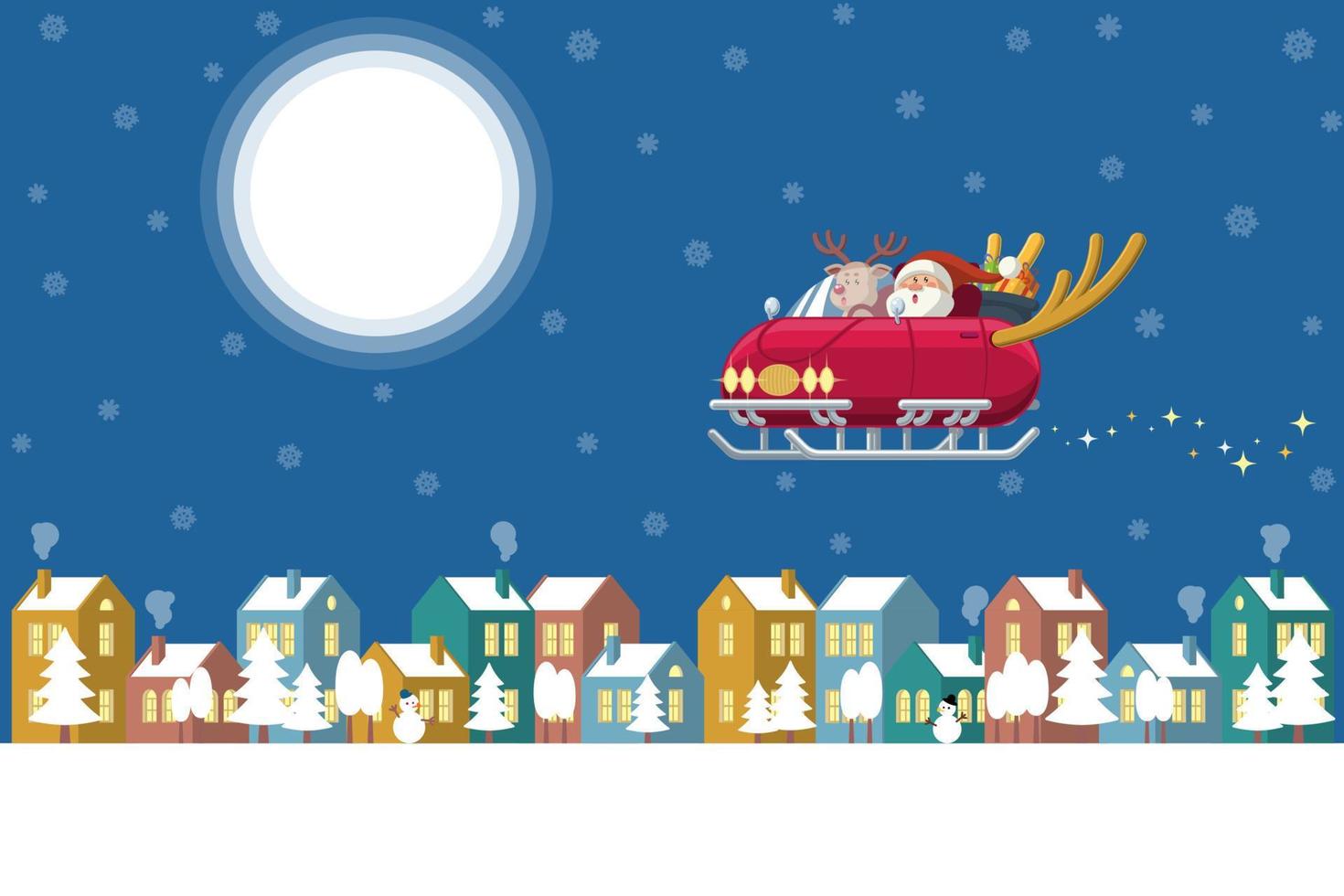 Santa flying sleigh car over winter town at night vector