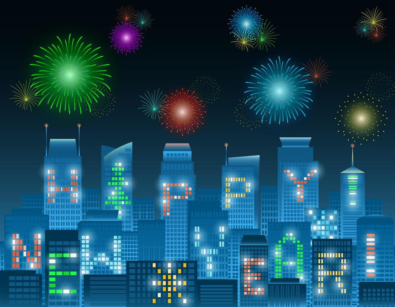 Happy new year alphabet buildings at night vector