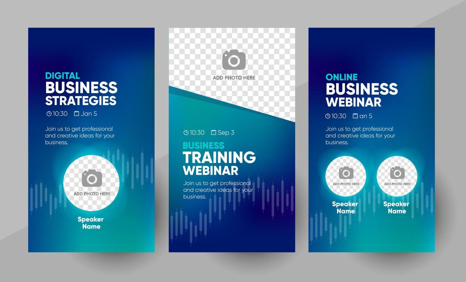 Business webinar social media story template. Background and illustration for social media banner post design in vector. Editable layout with a place for pictures. vector