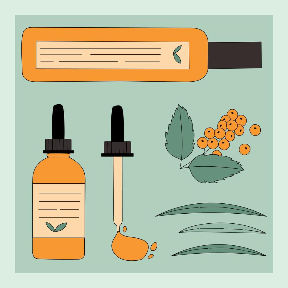 Skin care organic cosmetic set in flat style. Woman stuff, eco girls accessory concept. Natural face care products. Hand drawn vector doodle.