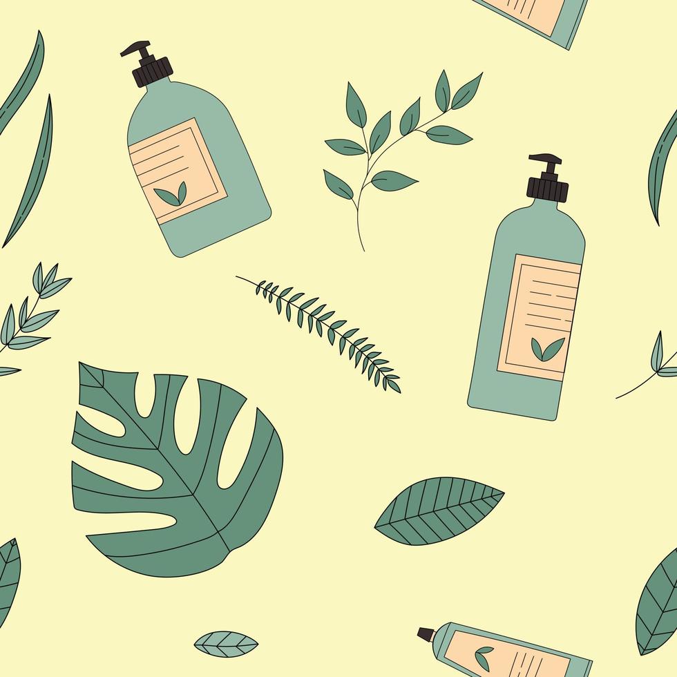 Doodle cosmetic jars with labels and leaves seamless pattern. Perfect for scrapbooking, poster, textile and prints. Hand drawn vector illustration for decor and design. Vector illustration