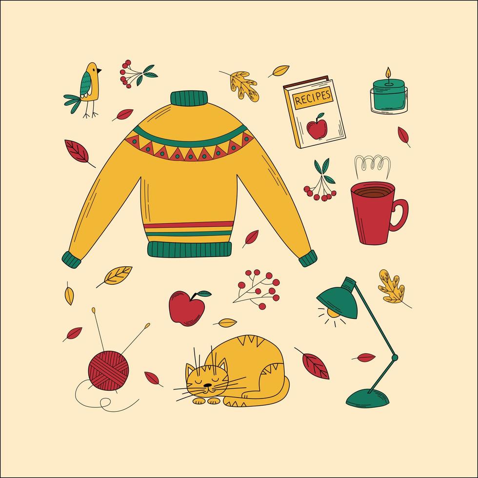 Set of cute Autumn elements. Hello Autumn, fall season icons collection. Hand drawn vector doodle.