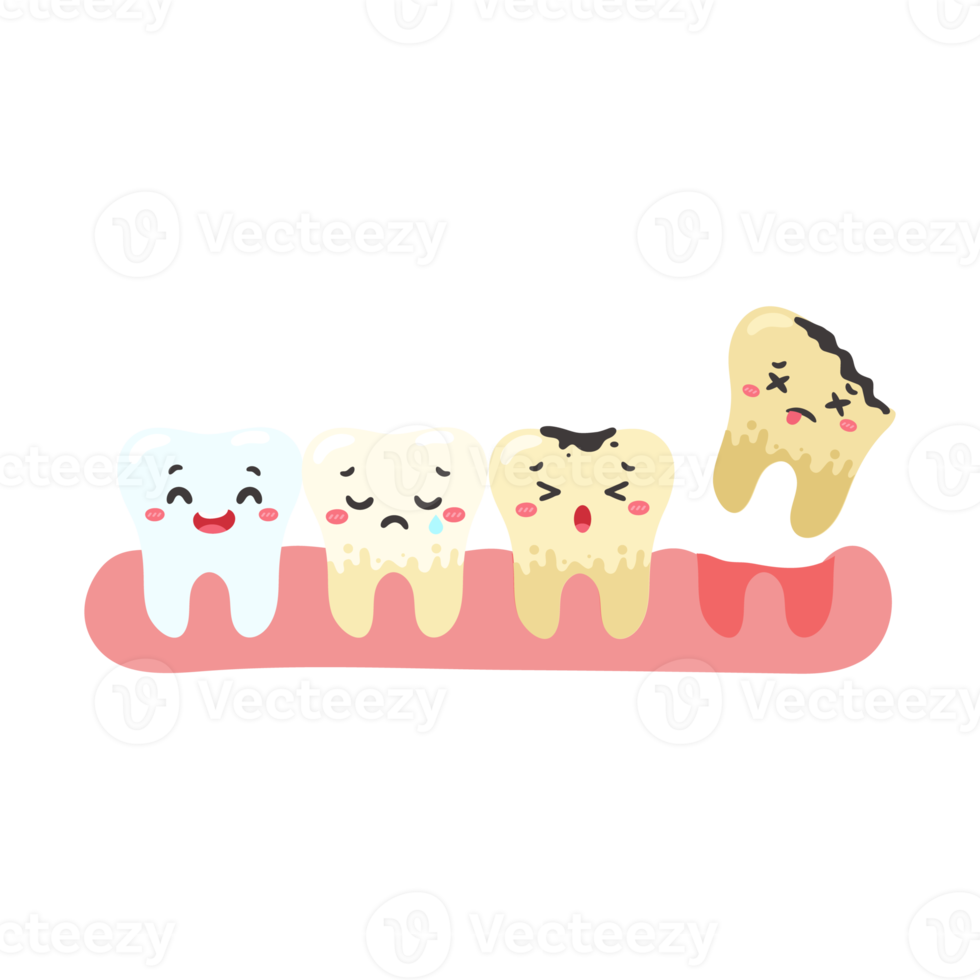 Cartoon teeth and gums inside the mouth are happy with the problem of tooth decay. There are plaque on the teeth. png