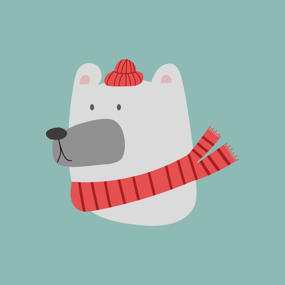 Christmas white polar bear head. Vector illustration of cute cartoon bear in warm red hat and scarf for greeting cards, prints