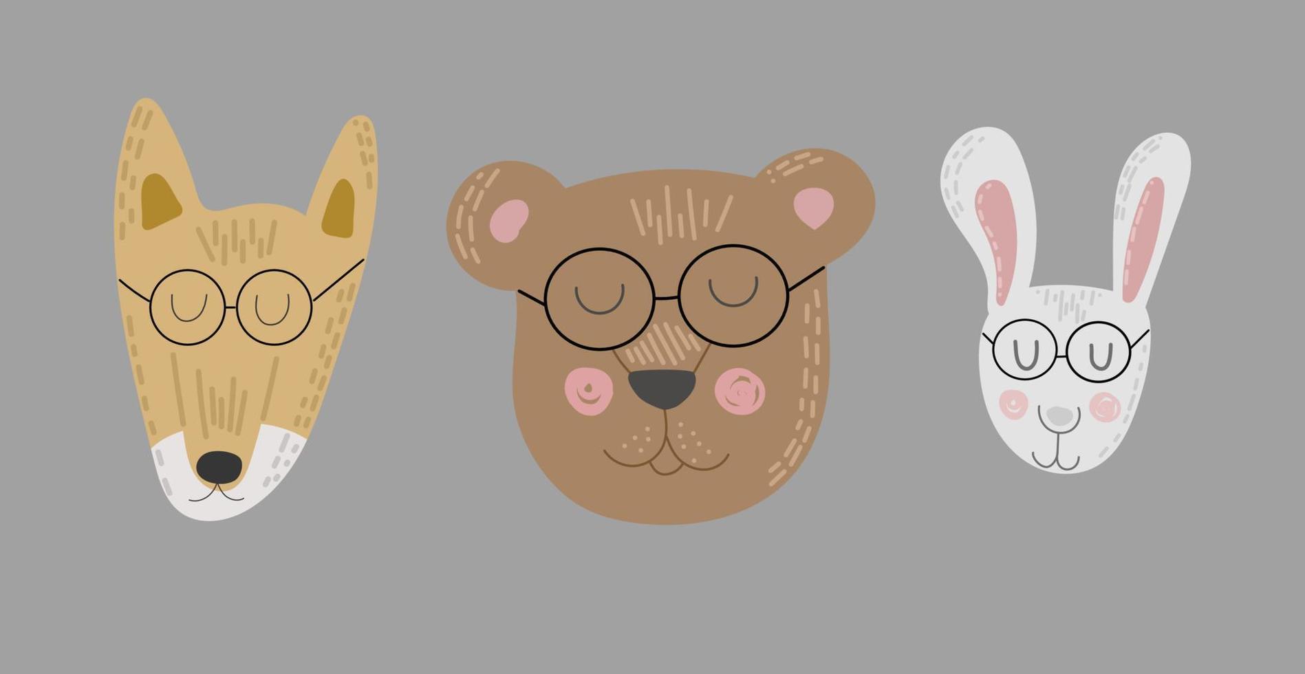 conjunto de lindos animales graciosos caras o cabezas con gafas. conejito. divertidos garabatos de animales. oso, zorro y conejo al estilo de las caricaturas. aislado sobre fondo gris. ilustración vectorial dibujada a mano de colores. vector