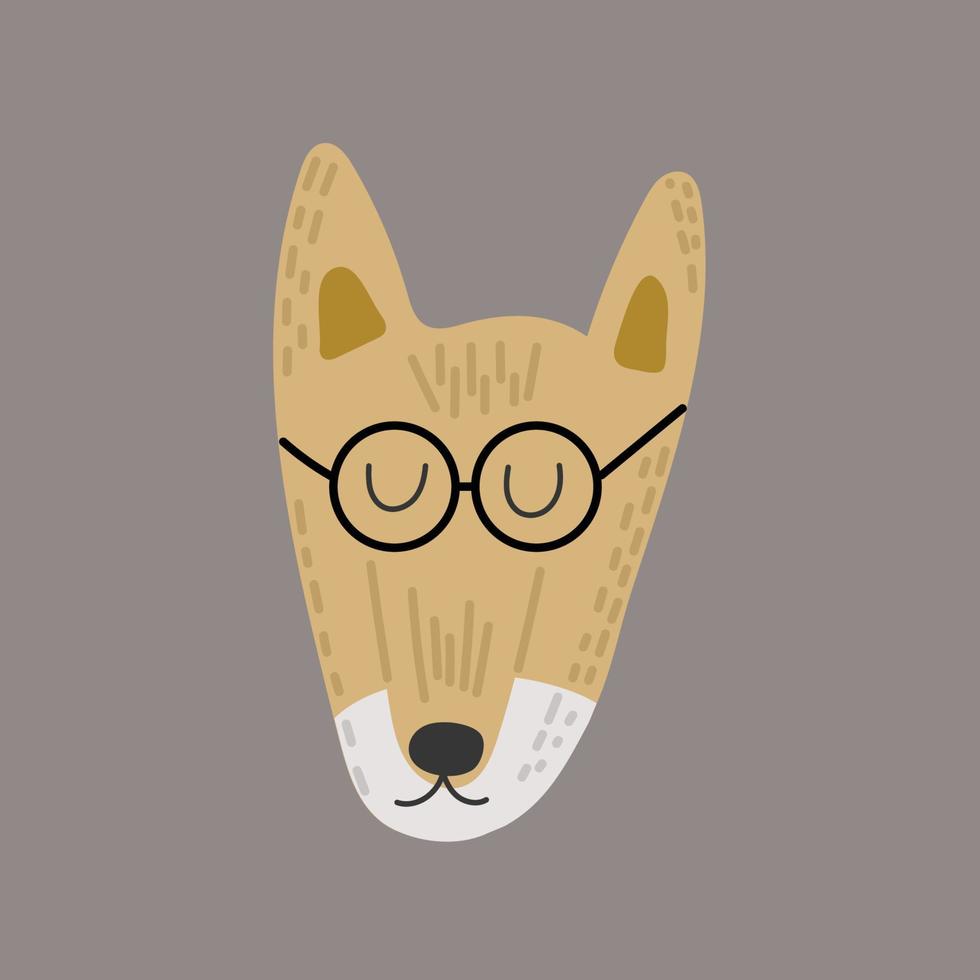 Cute funny fox face or head wearing glasses. Funny doodle animal. Fox in cartoon style. Isolated on gray background. Colorful hand drawn vector illustration.