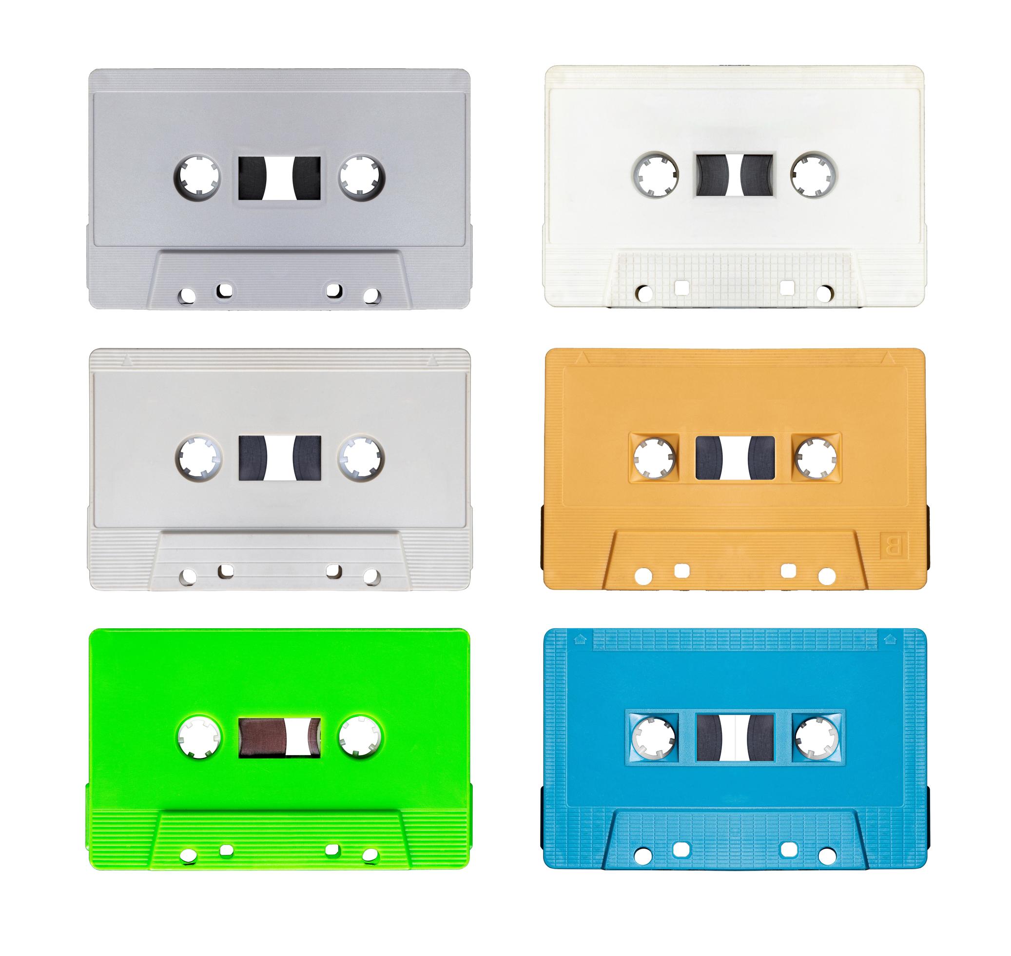 Collection colorful retro mock up cassette tape isolated on white
