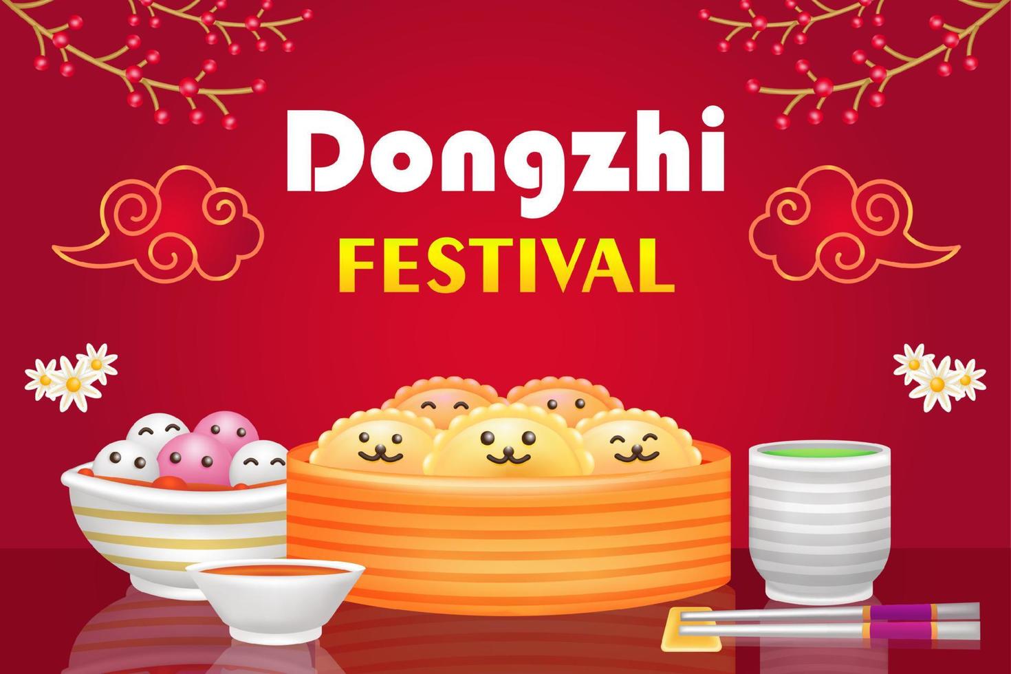 festival de dongzhi. Ilustración 3d de albóndigas al vapor con salsa, albóndigas de sopa dulce, té verde y lindo adorno de patrón de nubes vector