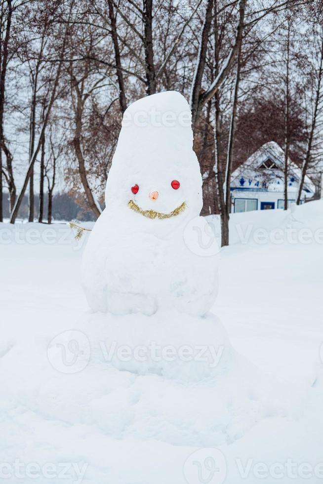 smiling snowman in the park against the background of snow photo