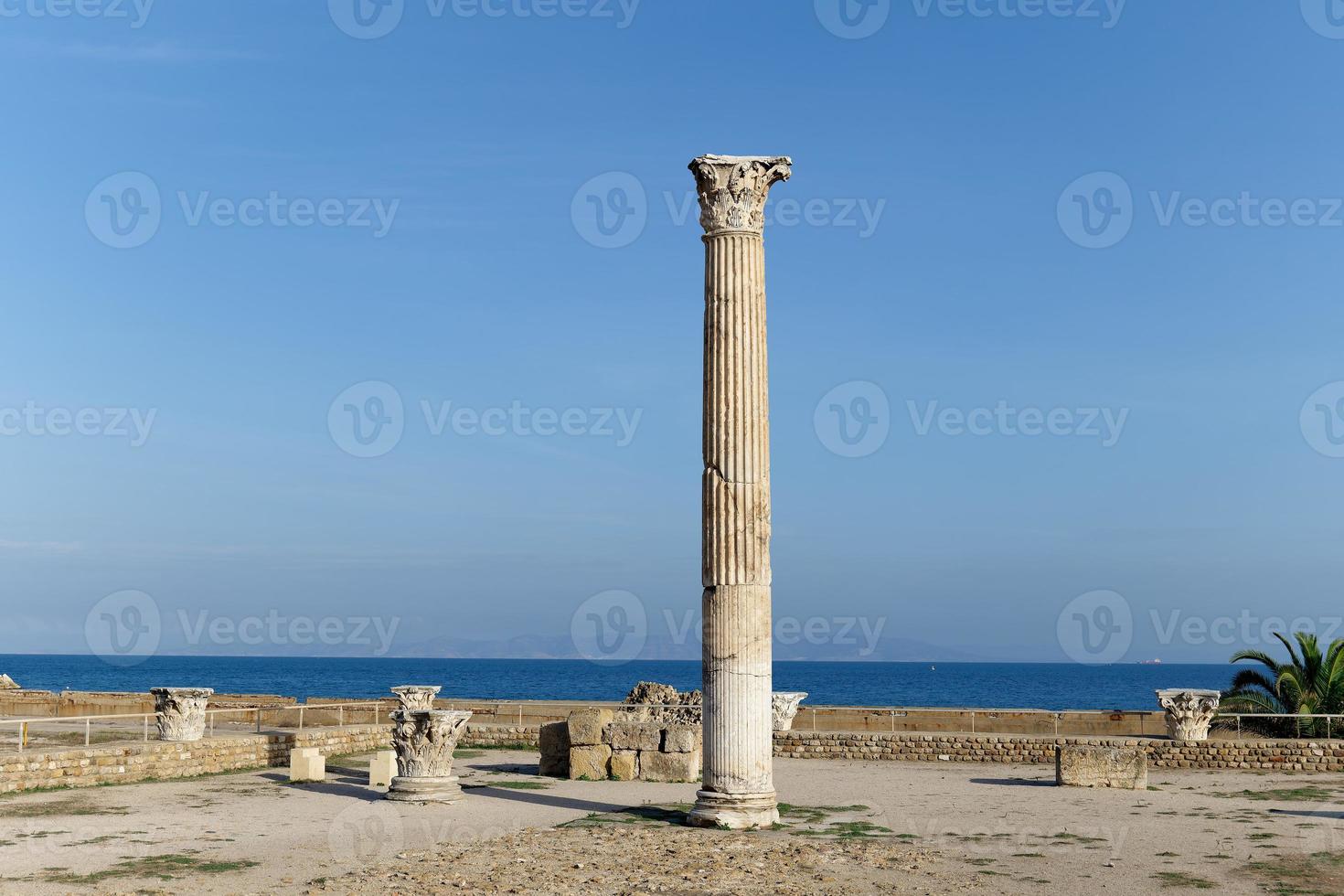 View of the historical landmark The Baths of Antoninus in Carthage , Tunisia. Unesco World Heritage Site. Archaeological Site of Carthage. Place of historic interest. Ancient ruins. photo