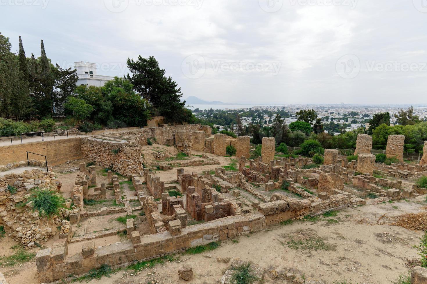 View of the historical landmark Byrsa Hill in Carthage, Tunisia. Unesco World Heritage Site. Archaeological Site of Carthage. Place of historic interest. Ancient ruins. photo
