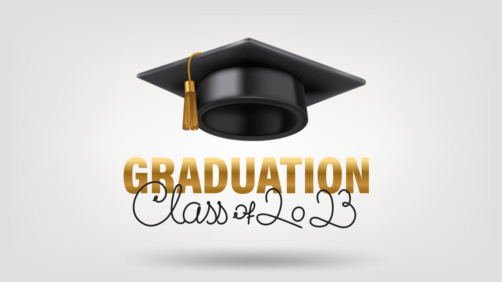 Class of 2023 concept with graruation cap and lettering inscription. 3d vector icon isolated on white background