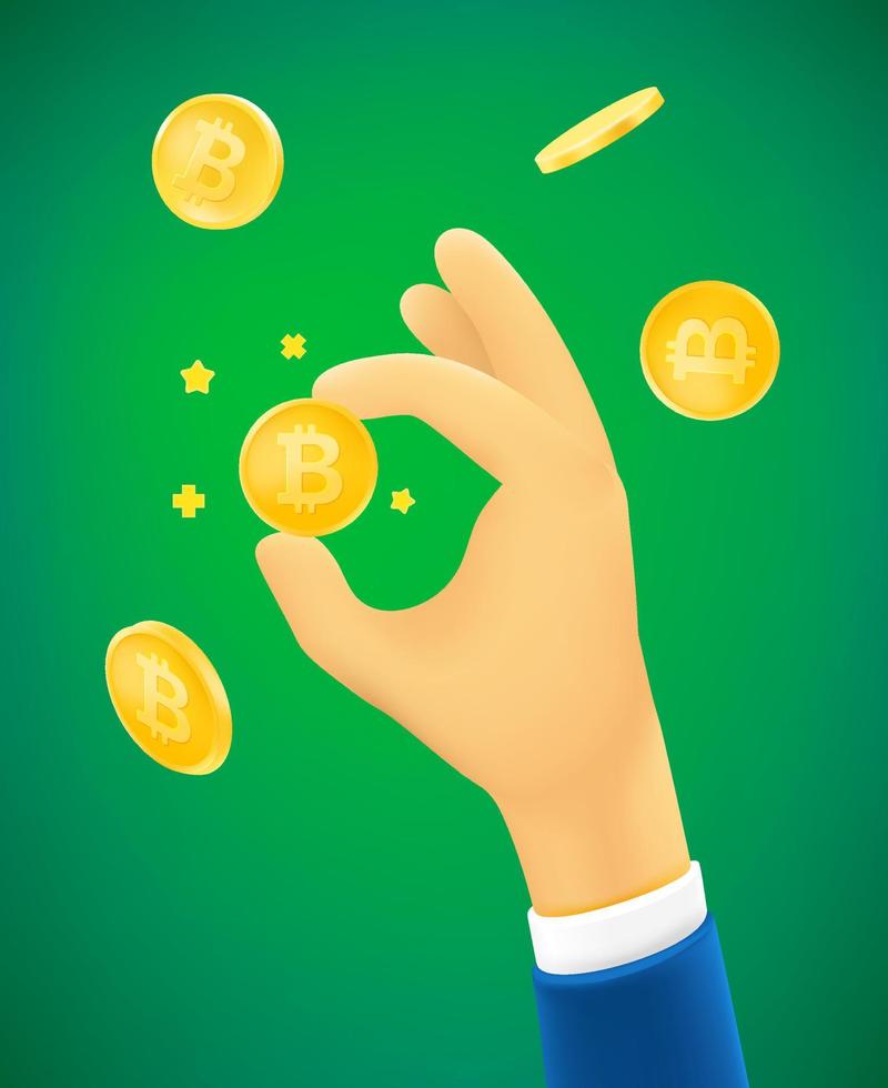 Cute cartoon human hand catching bitcoin. 3d vector banner with copy space