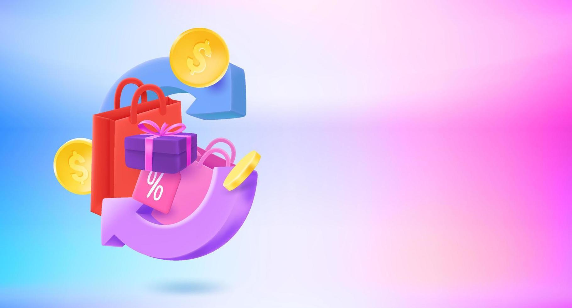 Shopping cashback concept with shopping bags. 3d vector banner with copy space