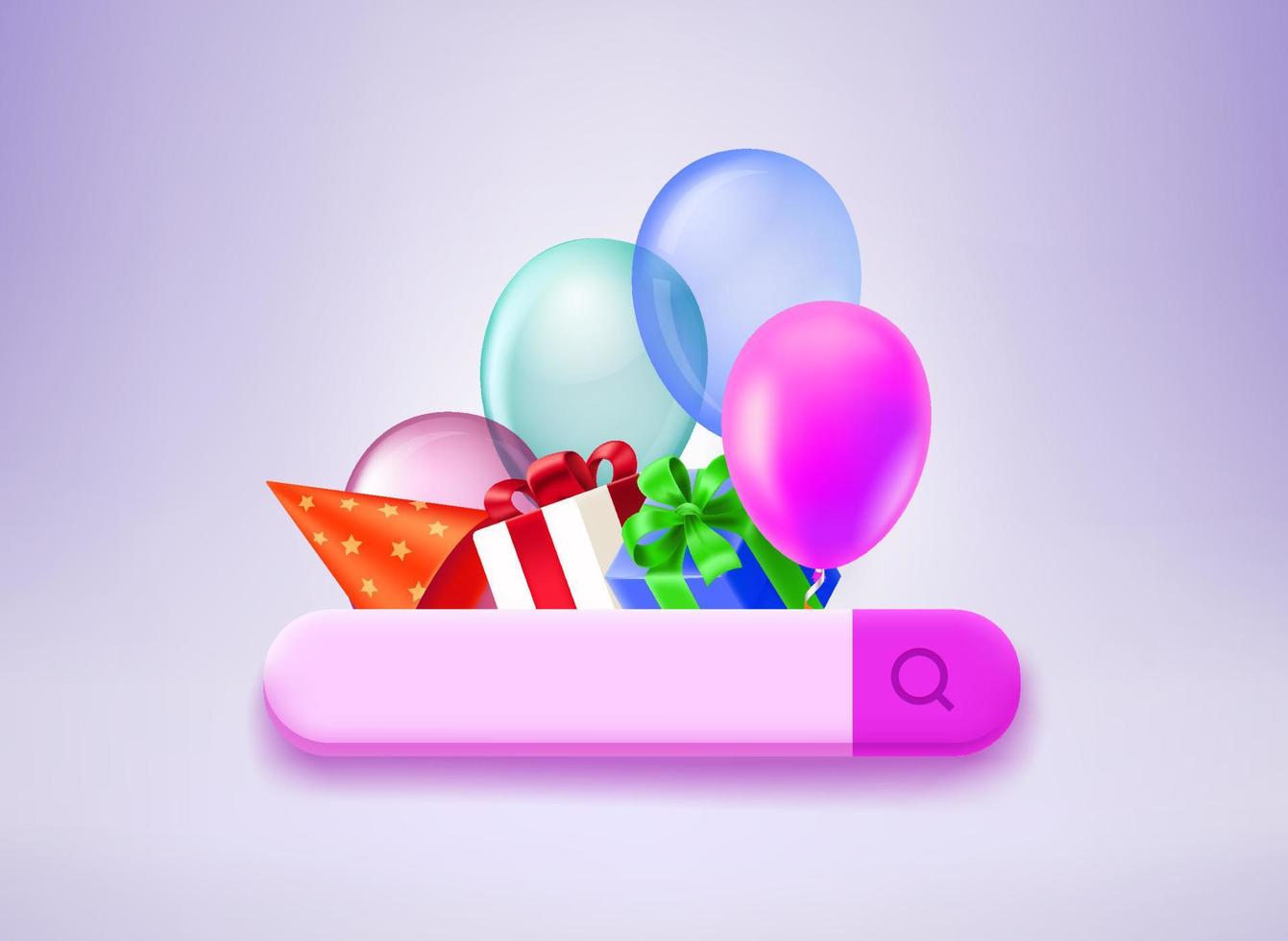 Searching for holiday presents concept. Gift box and air balloons with searching bar. 3d vector illustration