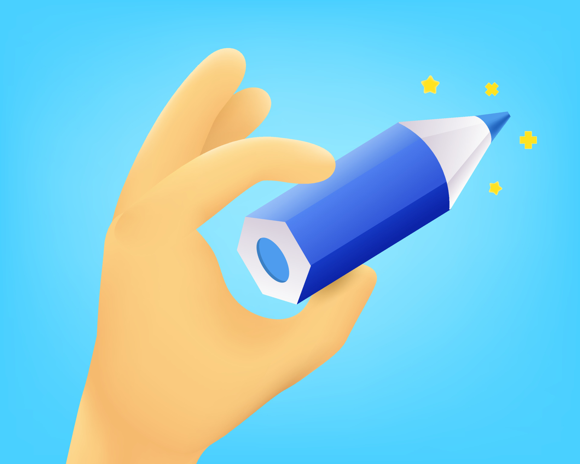 Cute cartoon human hand holding blue crayon 3d vector illustration Cute cartoon human hand holding blue crayon 3d vector illustration