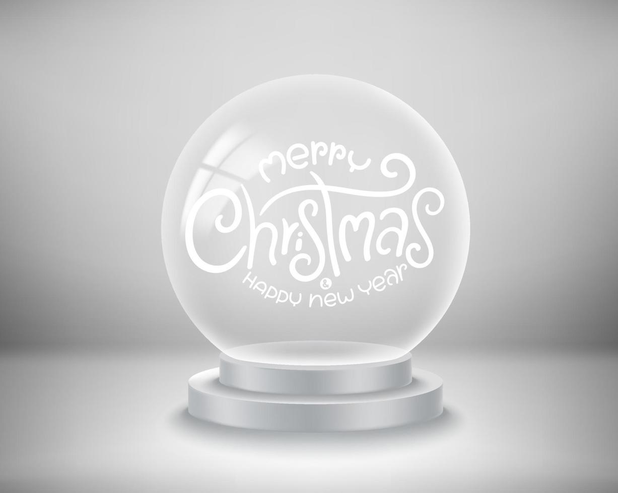Transparent glass crystal ball with lettering inscription. 3d vector illustration with copy space
